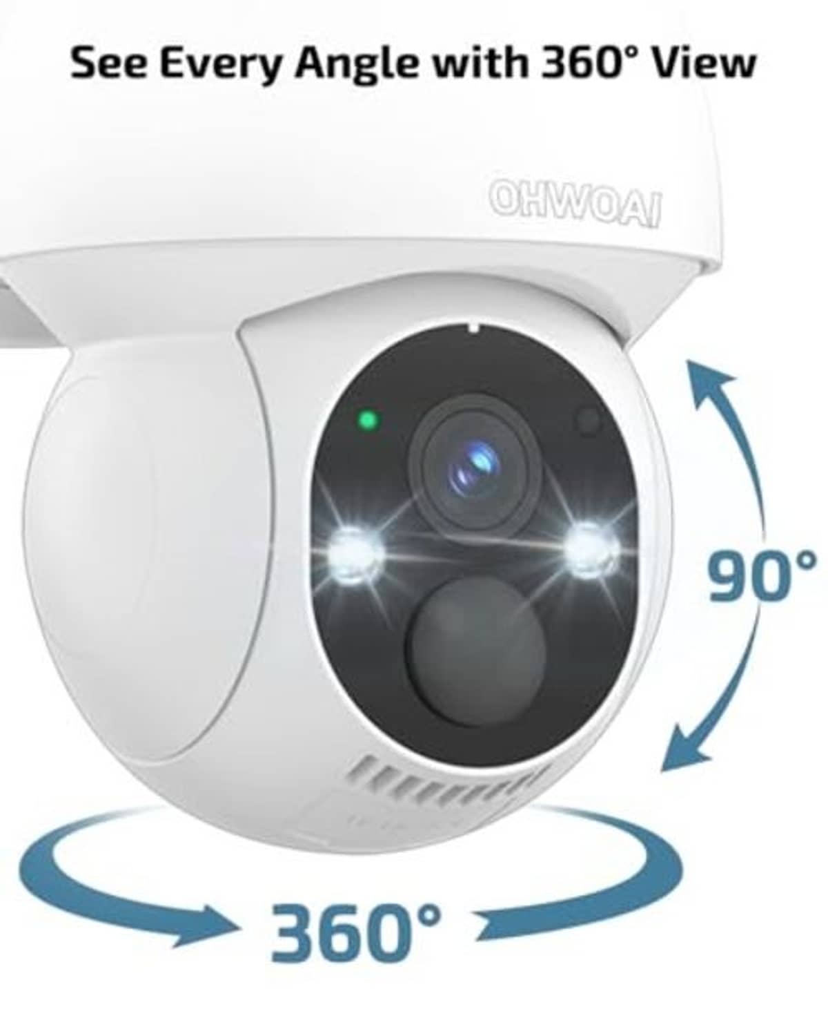 White PTZ security camera head showing 360° rotation coverage
