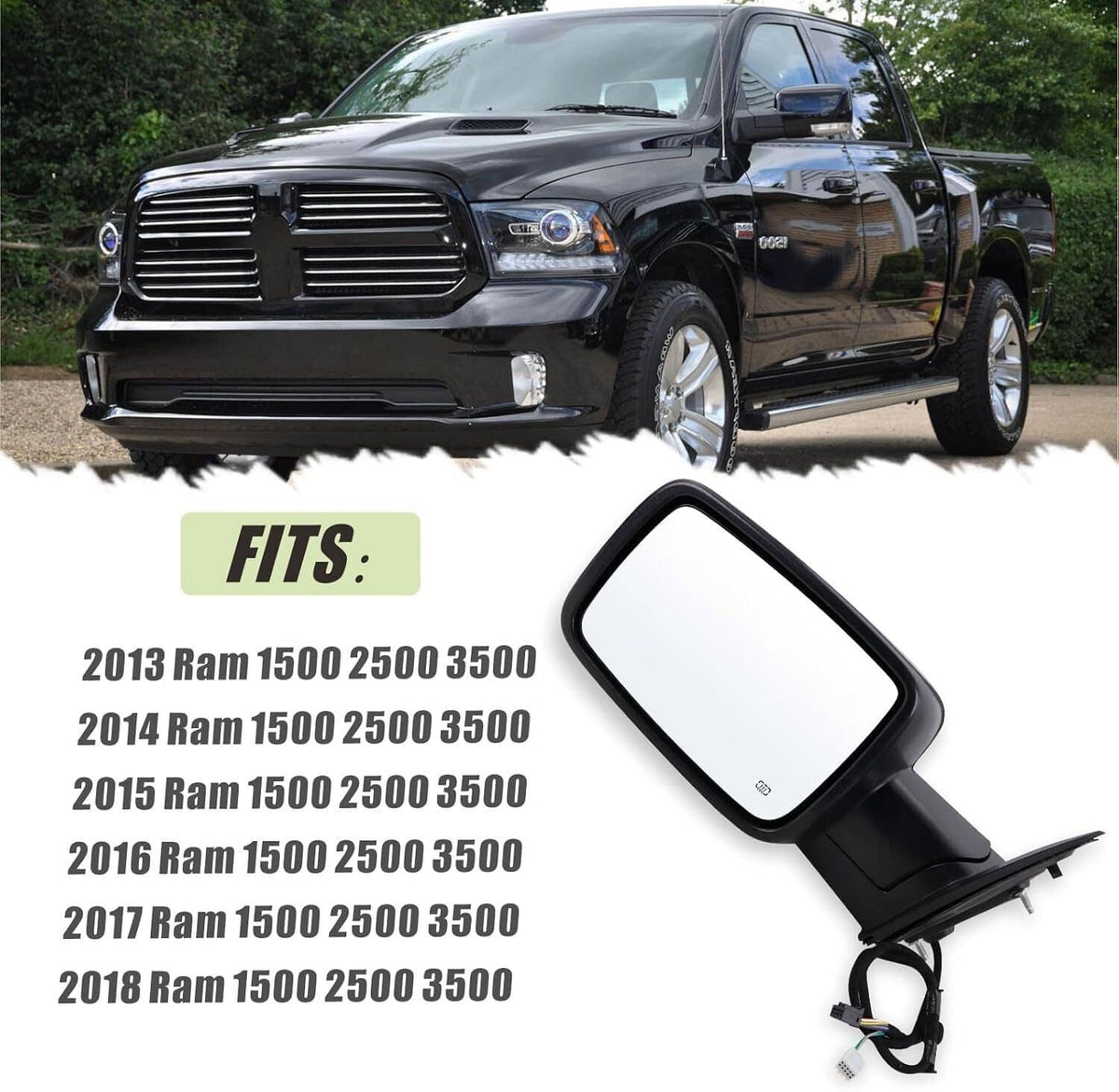 Black heated side mirror with turn signal and vehicle fitment label