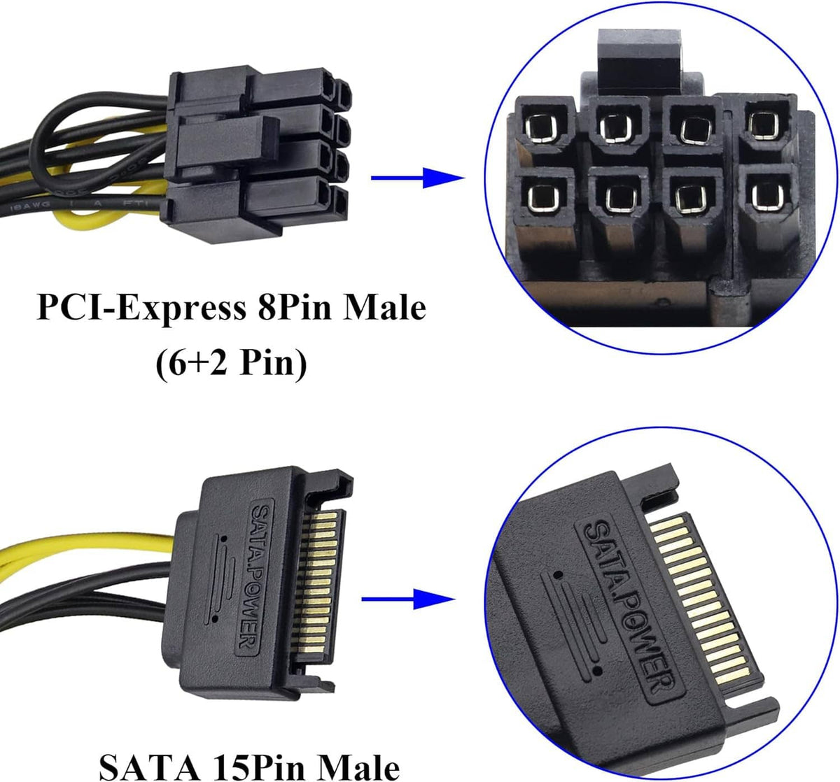 PCIe 8-pin (6+2) to SATA 15-pin power adapter cable with dual connector ends