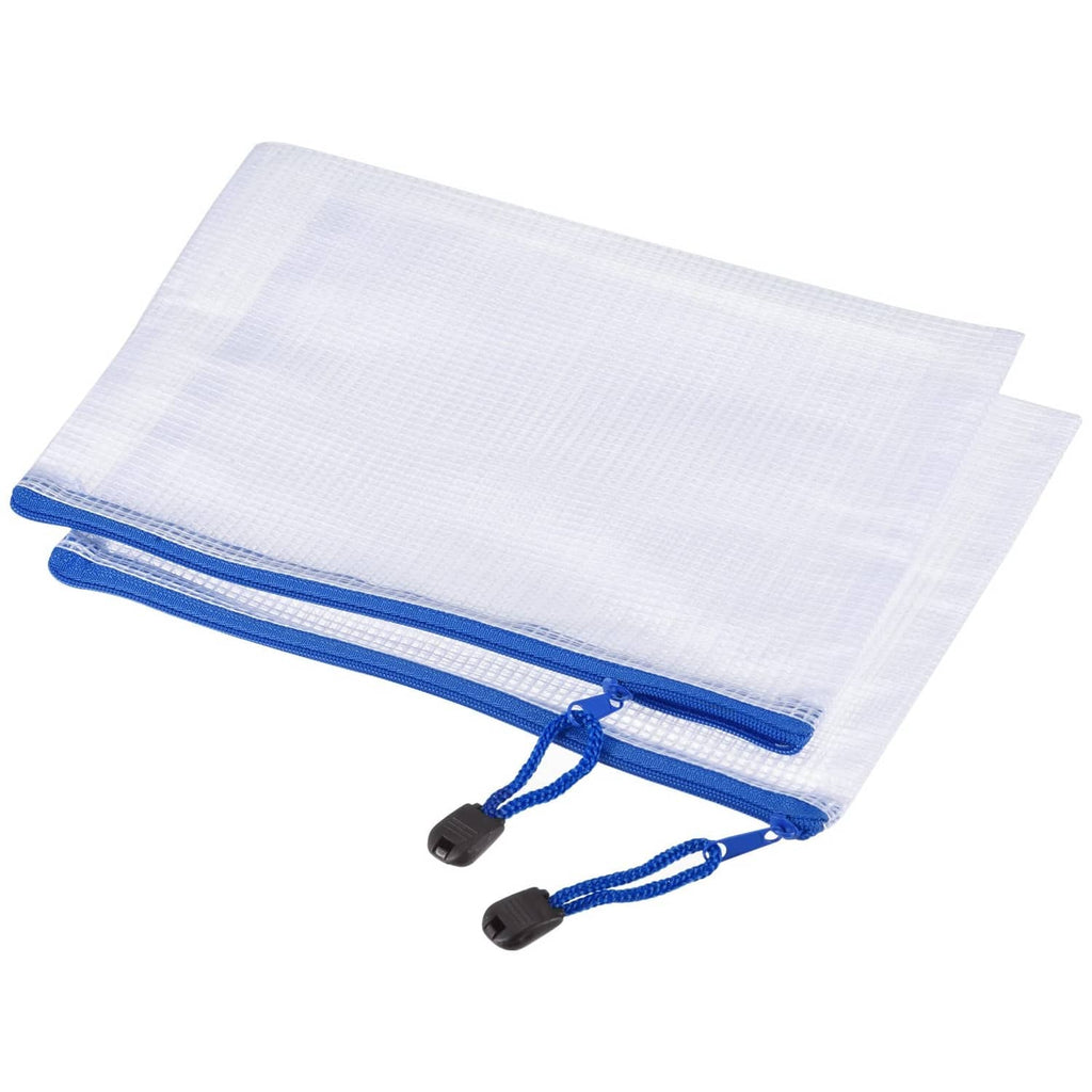 White mesh zipper pouch with blue trim and pull tab, B6 file document pocket