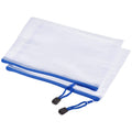 White mesh zipper pouch with blue trim and pull tab, B6 file document pocket