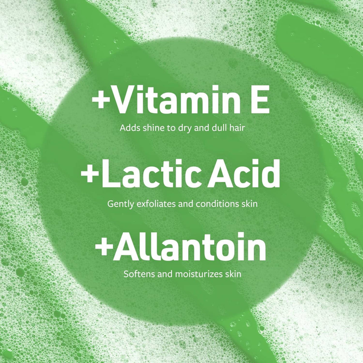 Green shampoo foam graphic with Vitamin E, lactic acid, and allantoin highlights