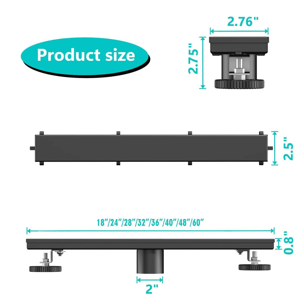 Matte black linear shower drain dimensions diagram with mounting feet