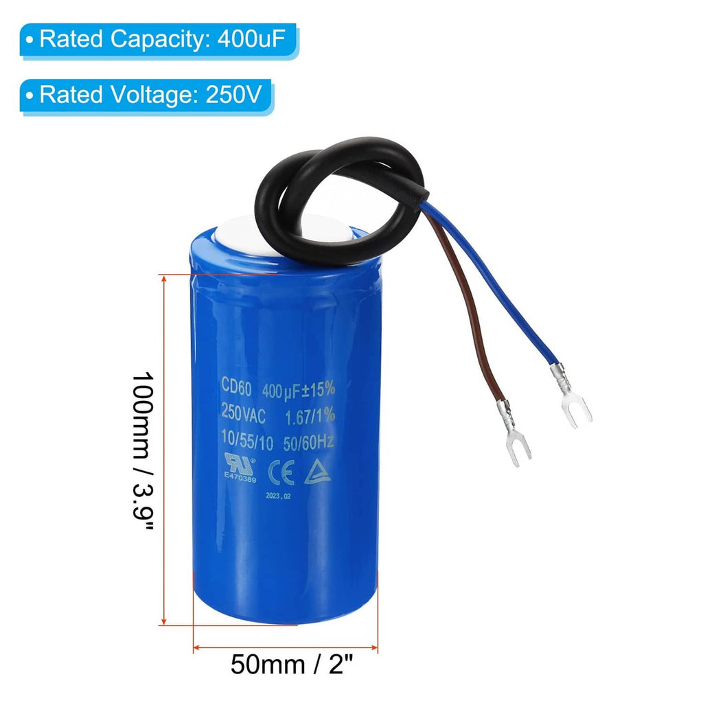 Blue run capacitor, 400uF 250VAC, black cable leads, white top
