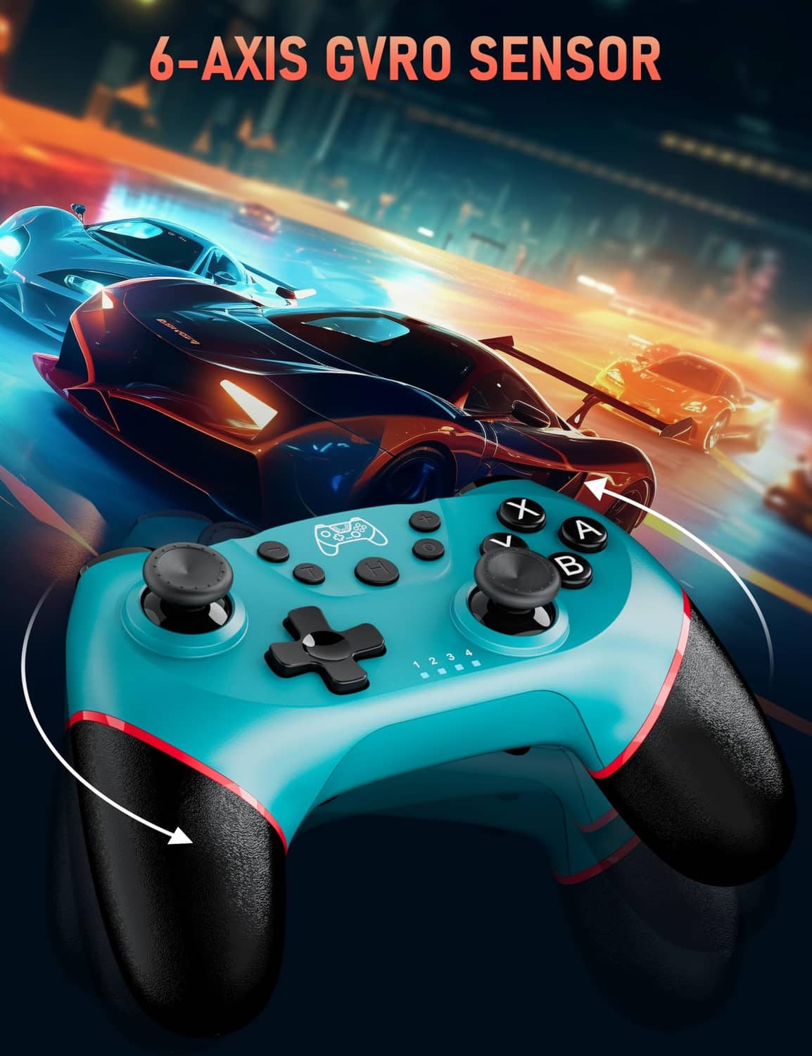 Teal wireless game controller with twin thumbsticks and trigger buttons