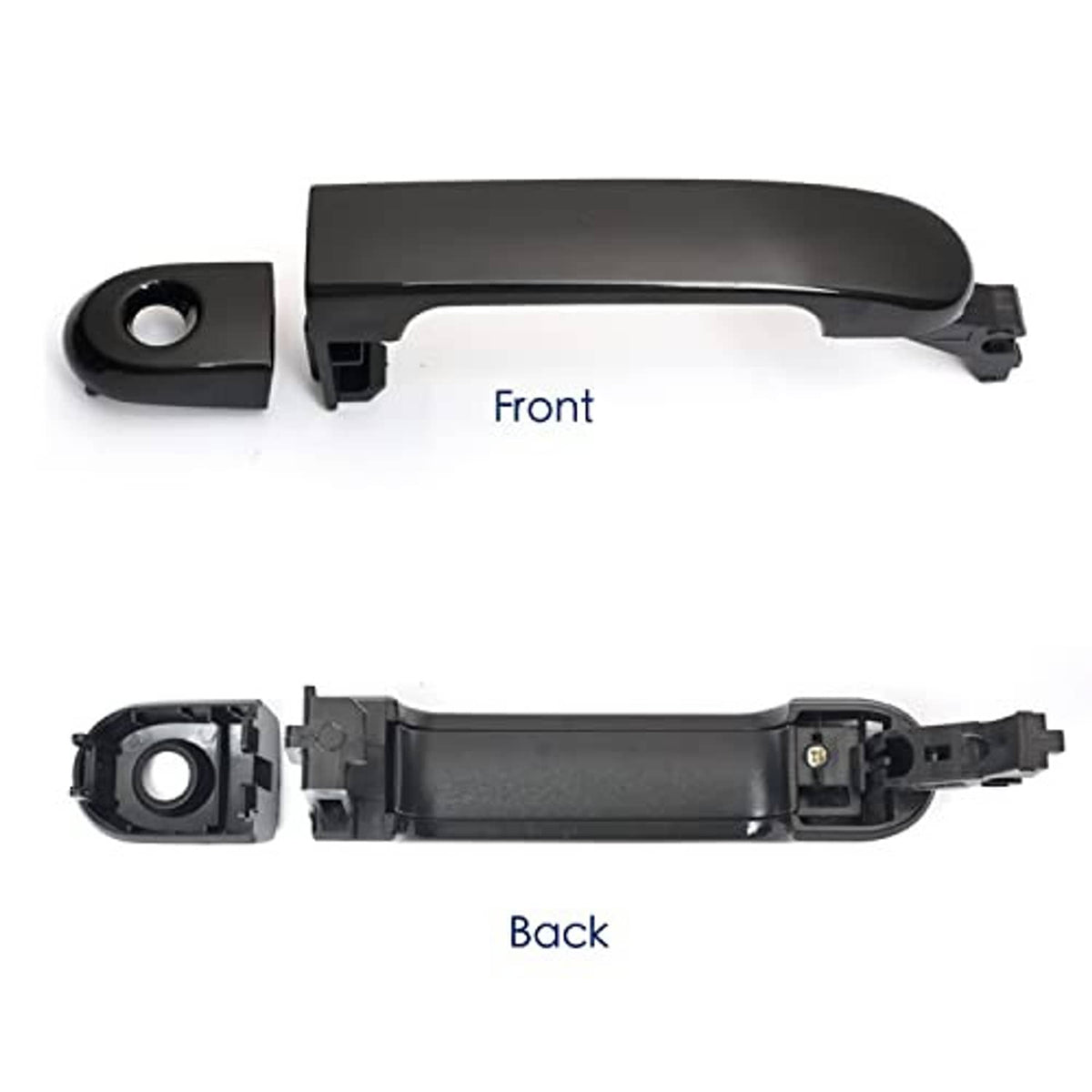 Black exterior door handle with detached mounting base, front and back views
