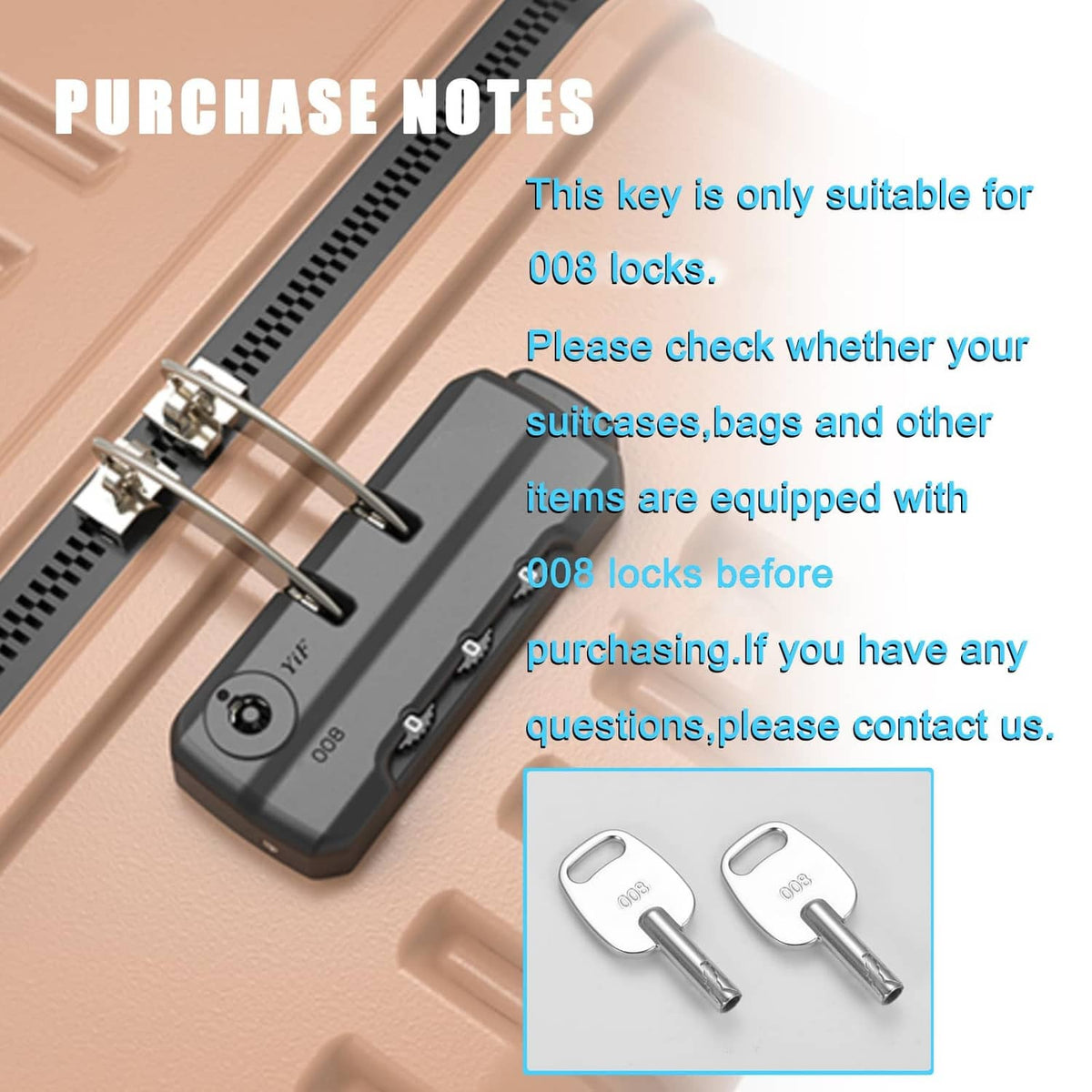 Silver luggage key with 008 marking, oval bow and long metal bit