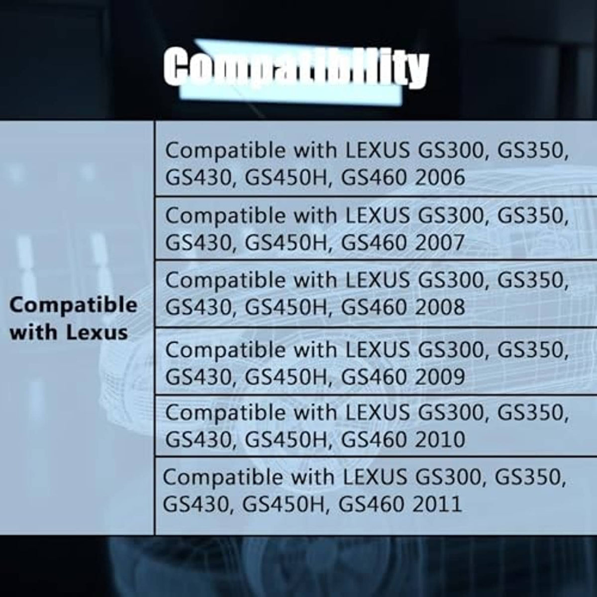 Seat bottom replacement cover compatibility chart for Lexus models, dark blue background