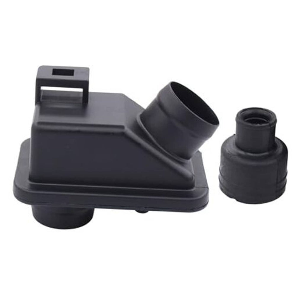 Engine air intake chamber cover with hose coupler and connecting joint, black plastic.