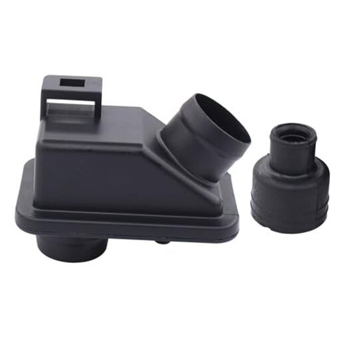 Engine air intake chamber cover with hose coupler and connecting joint, black plastic.