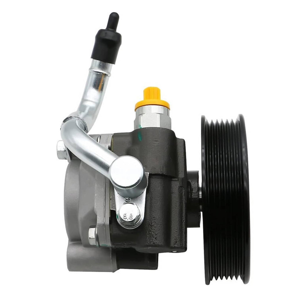 Power steering pump with black pulley, silver lines, and yellow top fitting