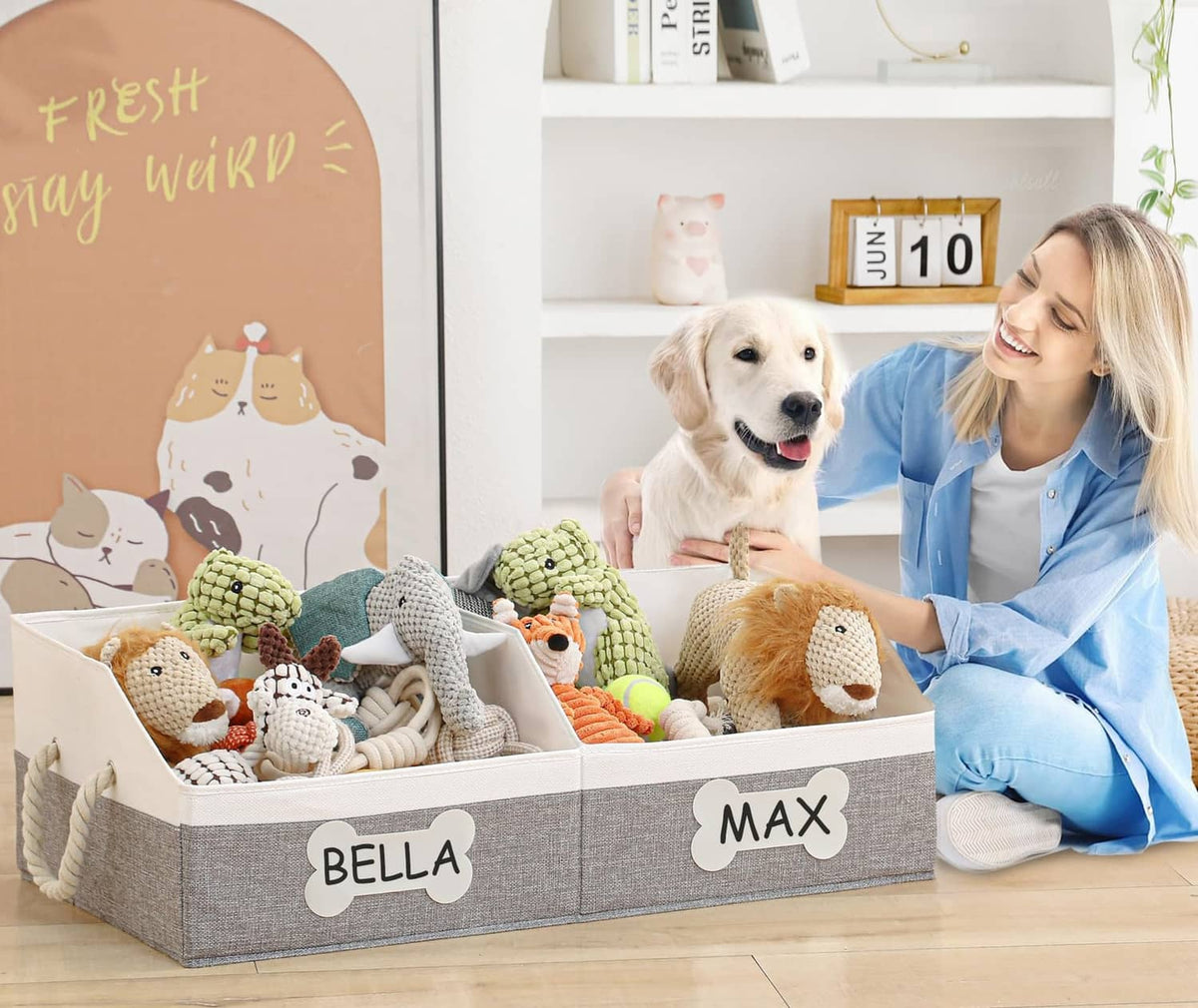 Grey collapsible fabric dog toy basket with plush toys, top open with front label panels
