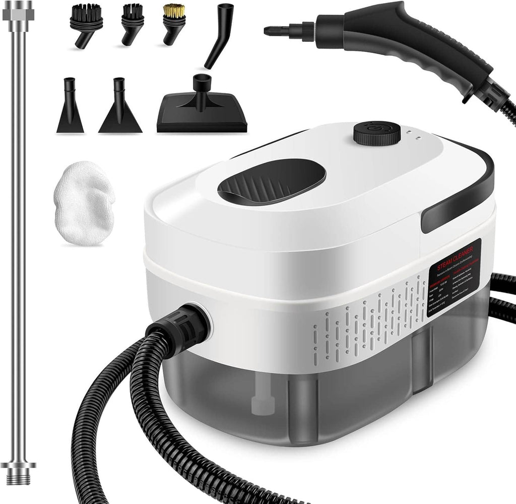 White handheld steam cleaner with black handle and flexible hose, top heat plate.