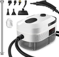 White handheld steam cleaner with black handle and flexible hose, top heat plate.