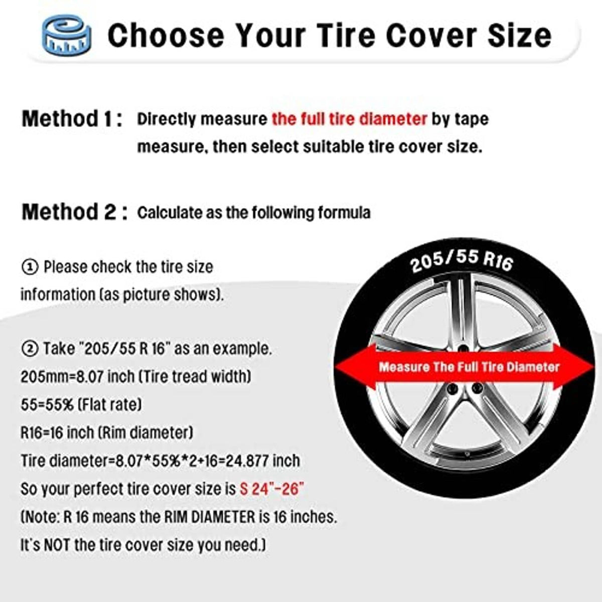 Tire cover size guide graphic showing how to measure full tire diameter