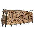 8 ft firewood rack with black steel frame and stacked light wood logs