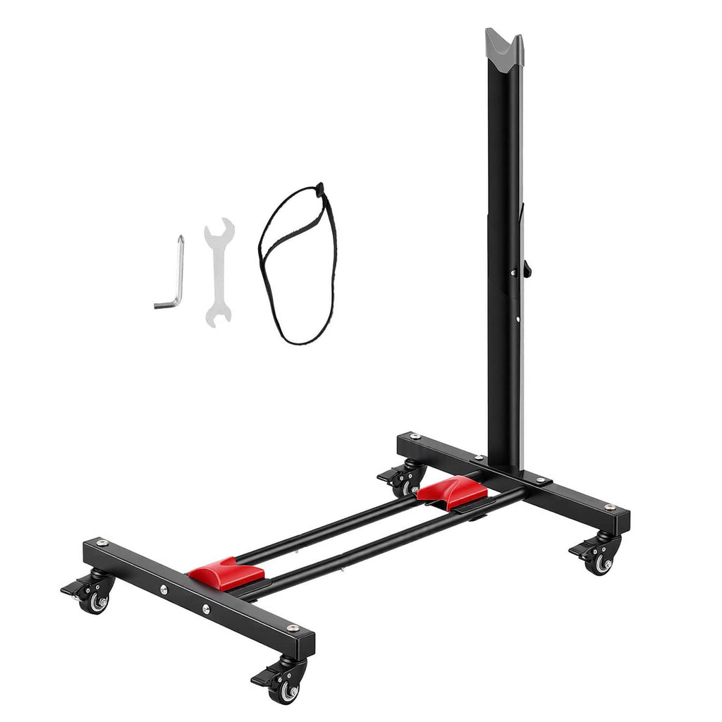 Freestanding bike storage stand with black steel frame, red pads, and rolling wheels
