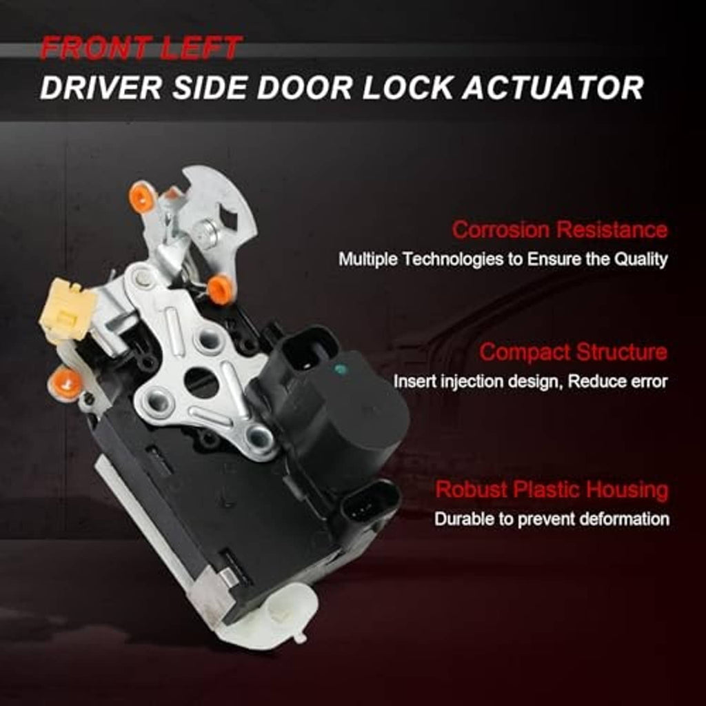 Front left driver-side door lock actuator with black housing, silver latch, and orange clips
