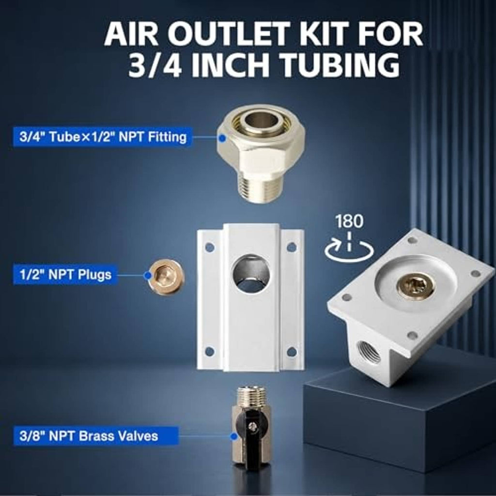White air outlet kit with threaded NPT connectors, mounting base, and metal plug caps