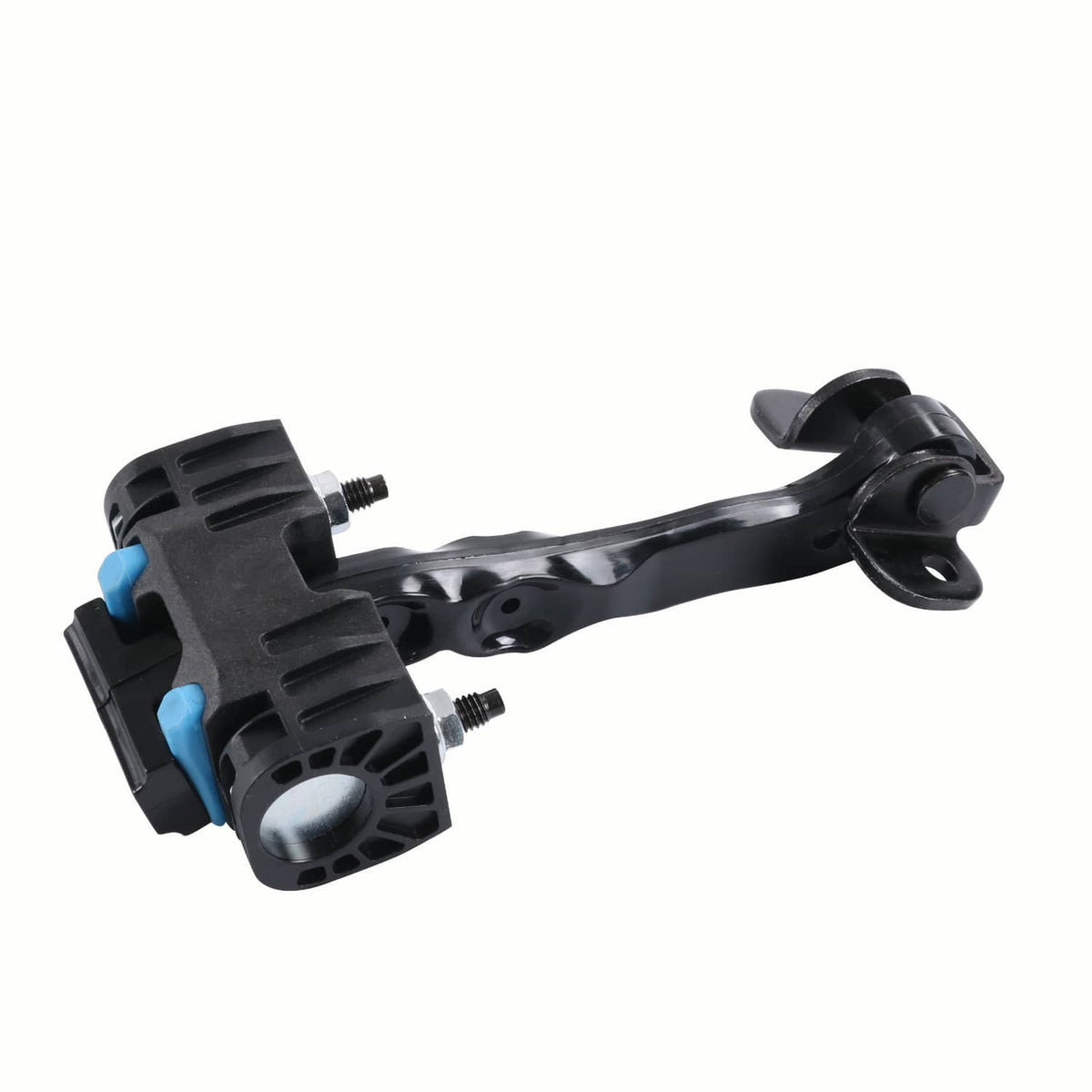 Front door check strap with black metal arm and blue clips, mounting brackets and bolts