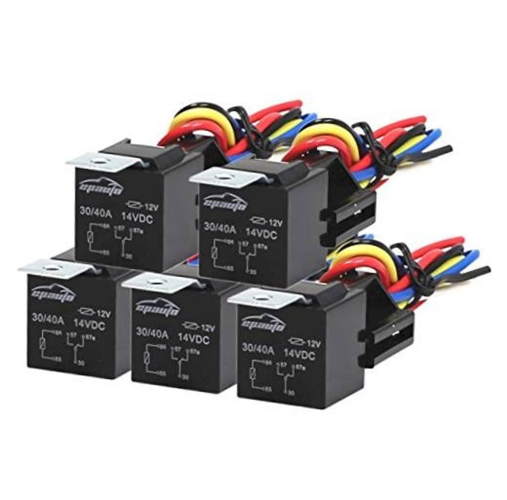 5-pack 12V SPDT relay harness with five black relays and multicolored wire leads