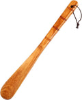Wooden shoe horn with long curved handle and rope loop for easy hanging storage