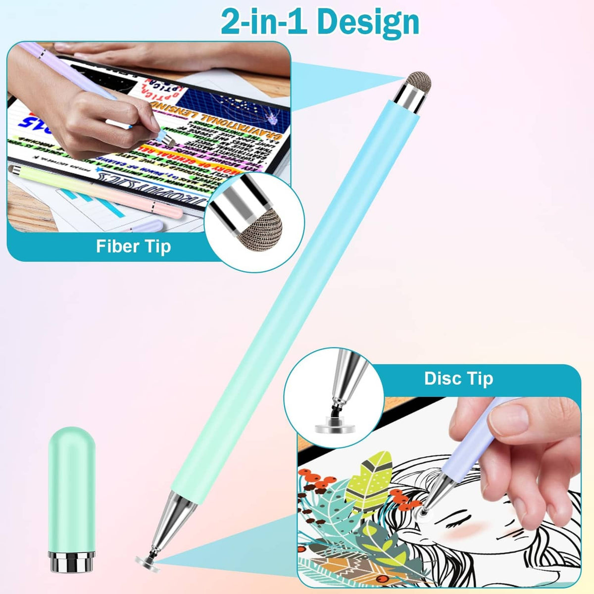Mint touch screen stylus with fiber tip and disc tip, shown with close-up inserts