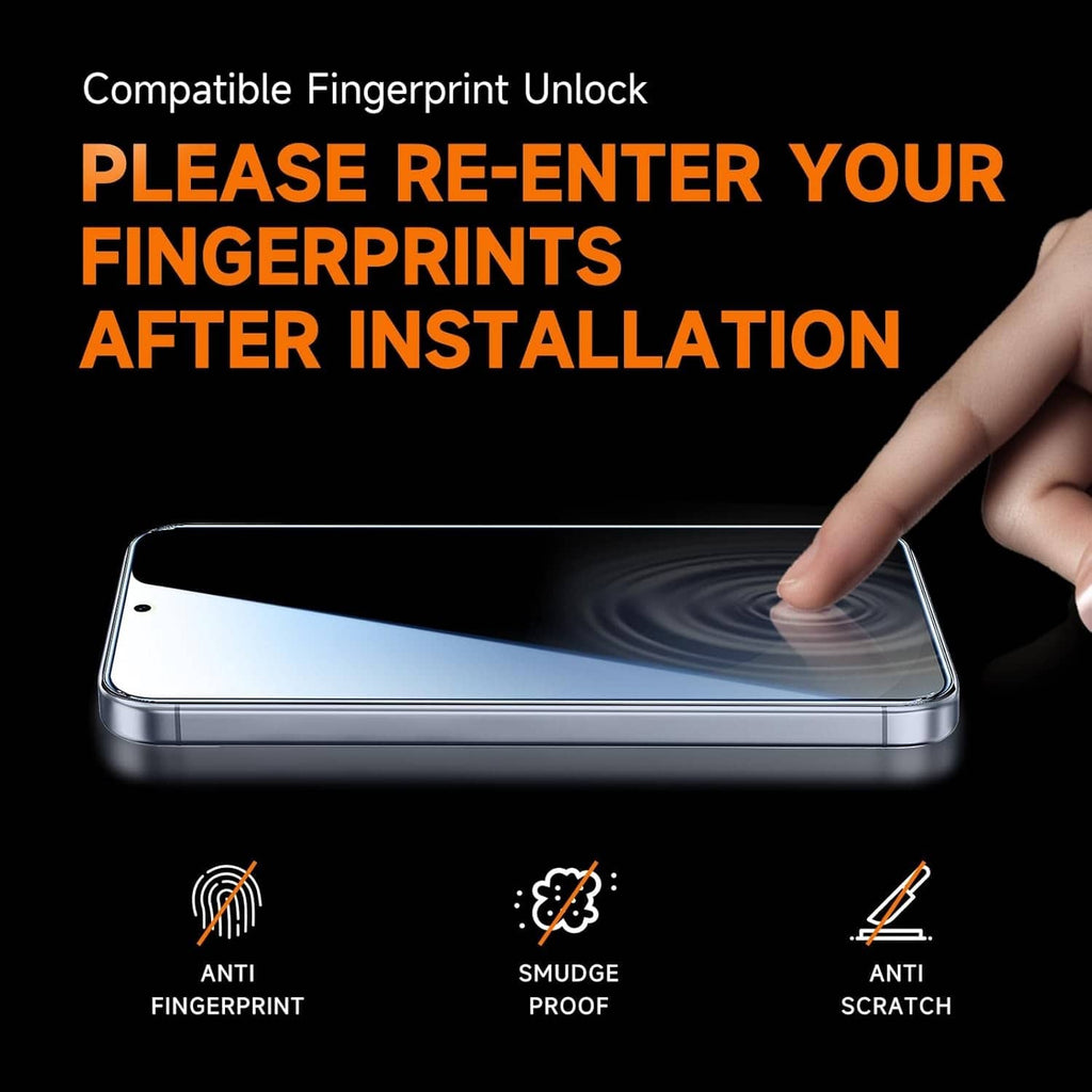 Fingerprint-friendly privacy screen protector for Samsung Galaxy S25, finger swipe