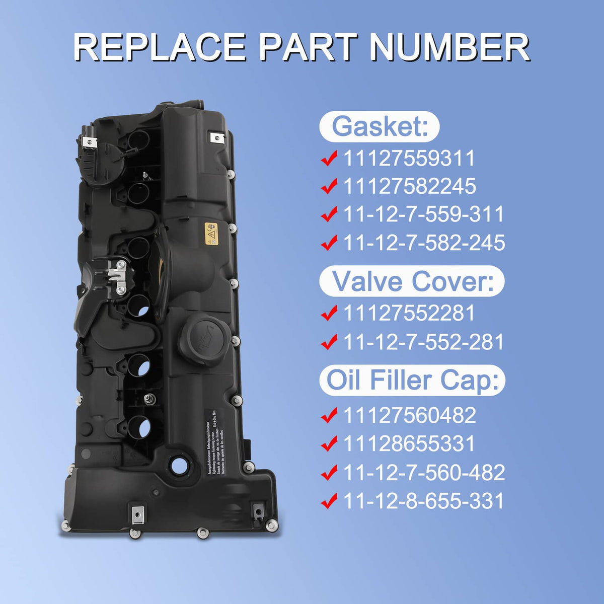 Black valve cover assembly with gasket and bolts, replacement part