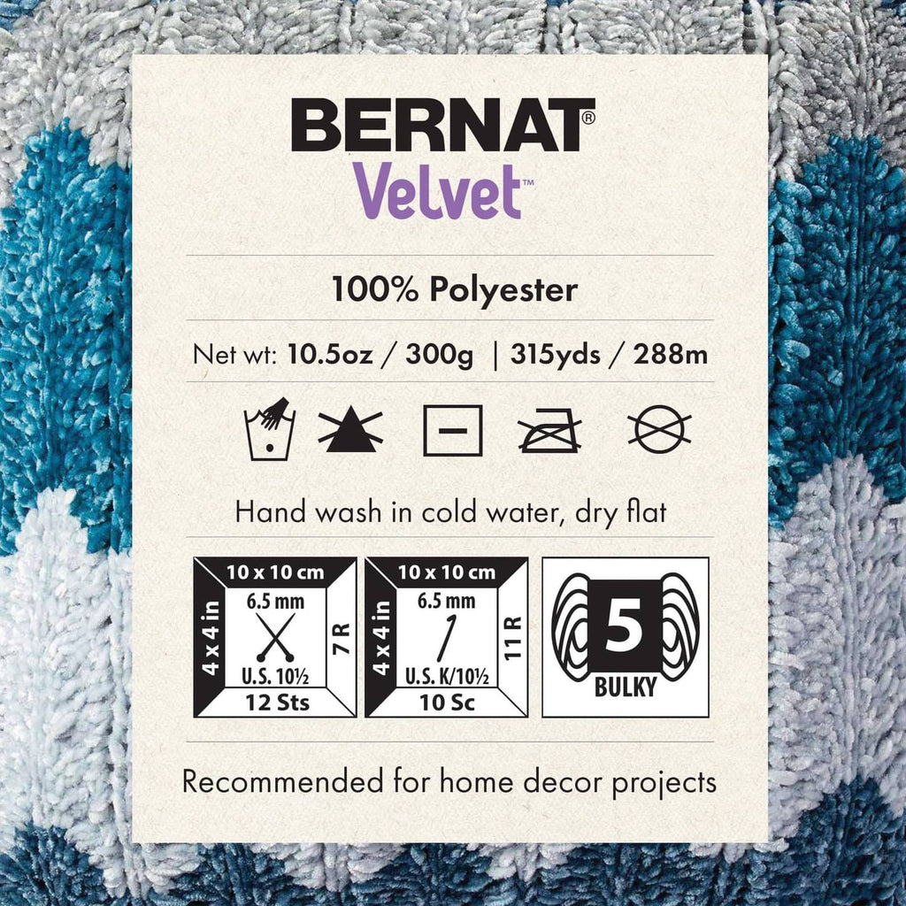 Bernat Velvet yarn label on textured bulky yarn; 100% polyester and care icons