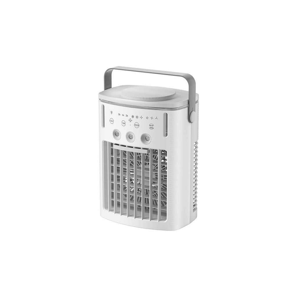 Portable evaporative air cooler with front grille, control buttons, and top tank lid, white