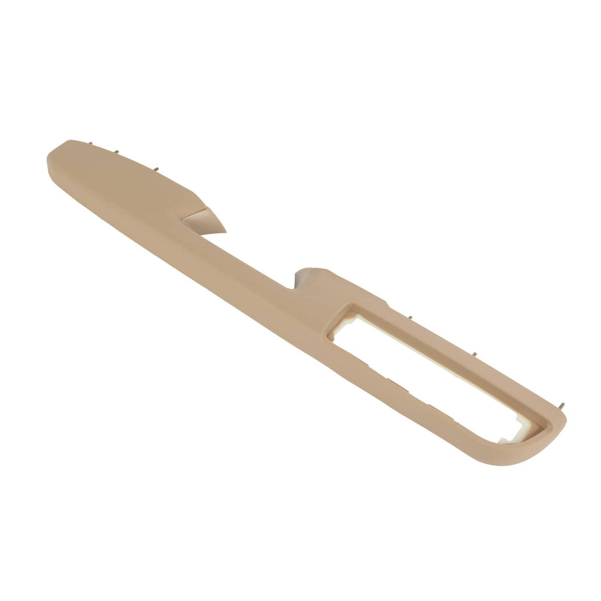 Tan driver-side door panel armrest handle trim with rectangular grip opening.