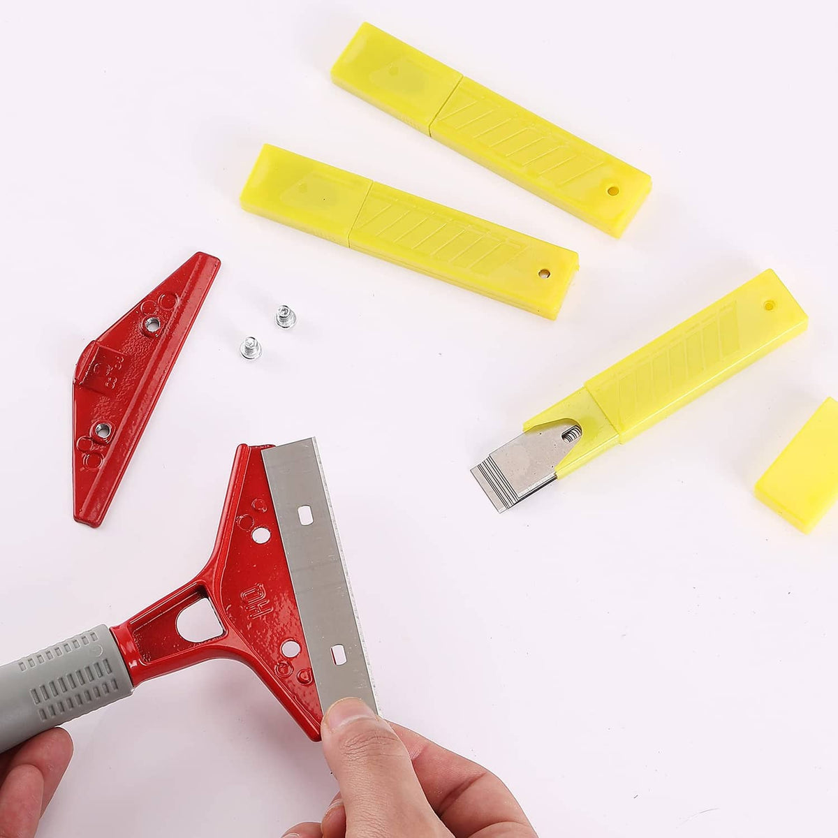 Yellow and silver replacement scraper blades, stainless edges with mounting holes, 30 pcs