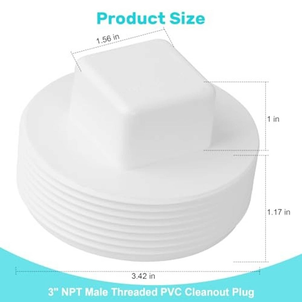 3-inch white threaded PVC cleanout plug with size markings