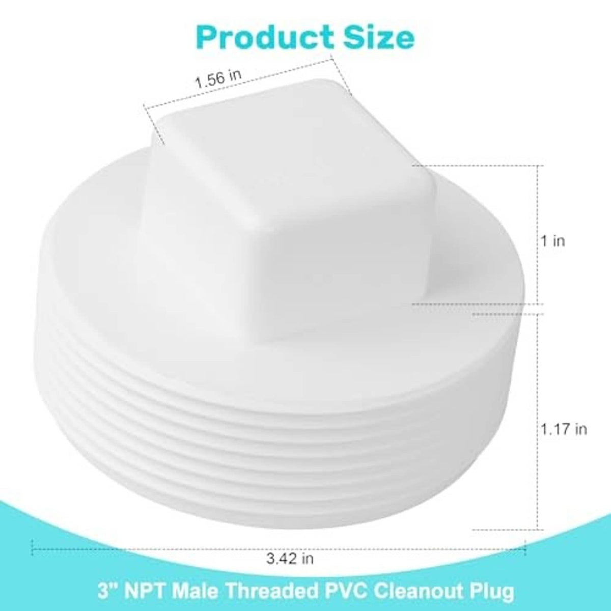3-inch white threaded PVC cleanout plug with size markings