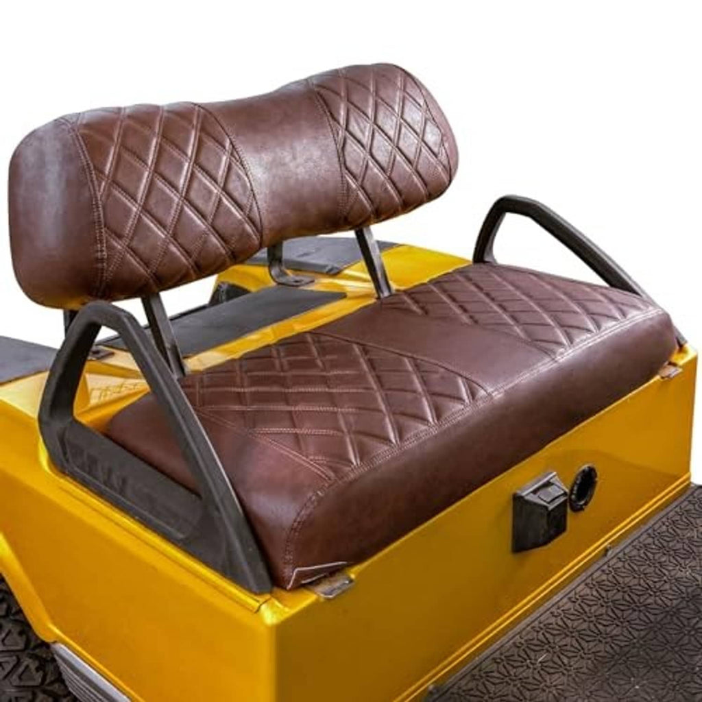 Brown diamond-stitched golf cart seat covers with contoured seat and backrest.