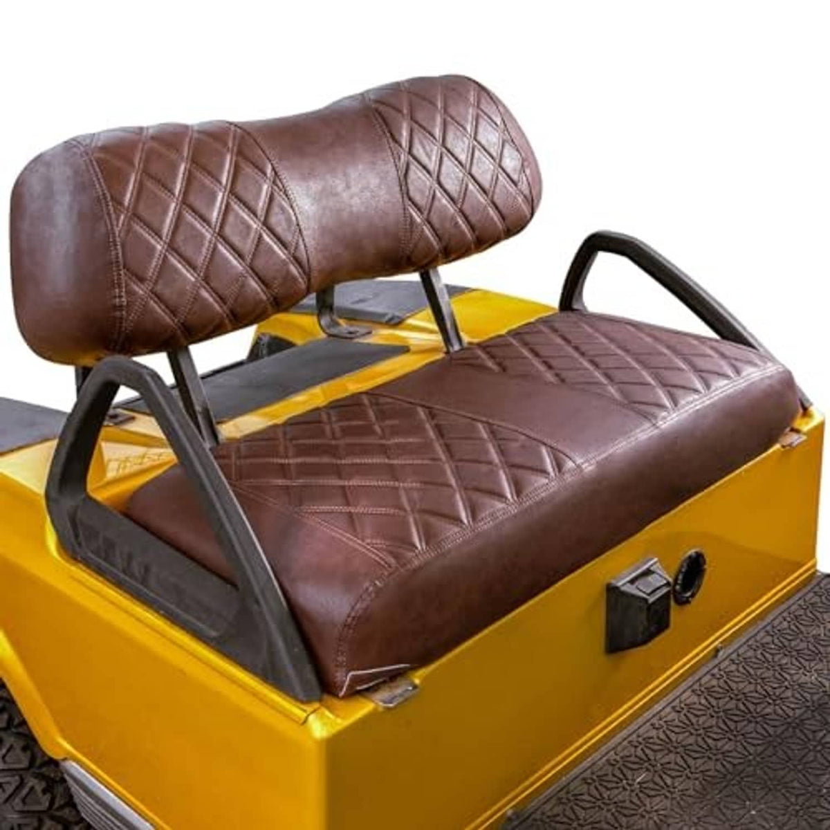 Brown diamond-stitched golf cart seat covers with contoured seat and backrest.