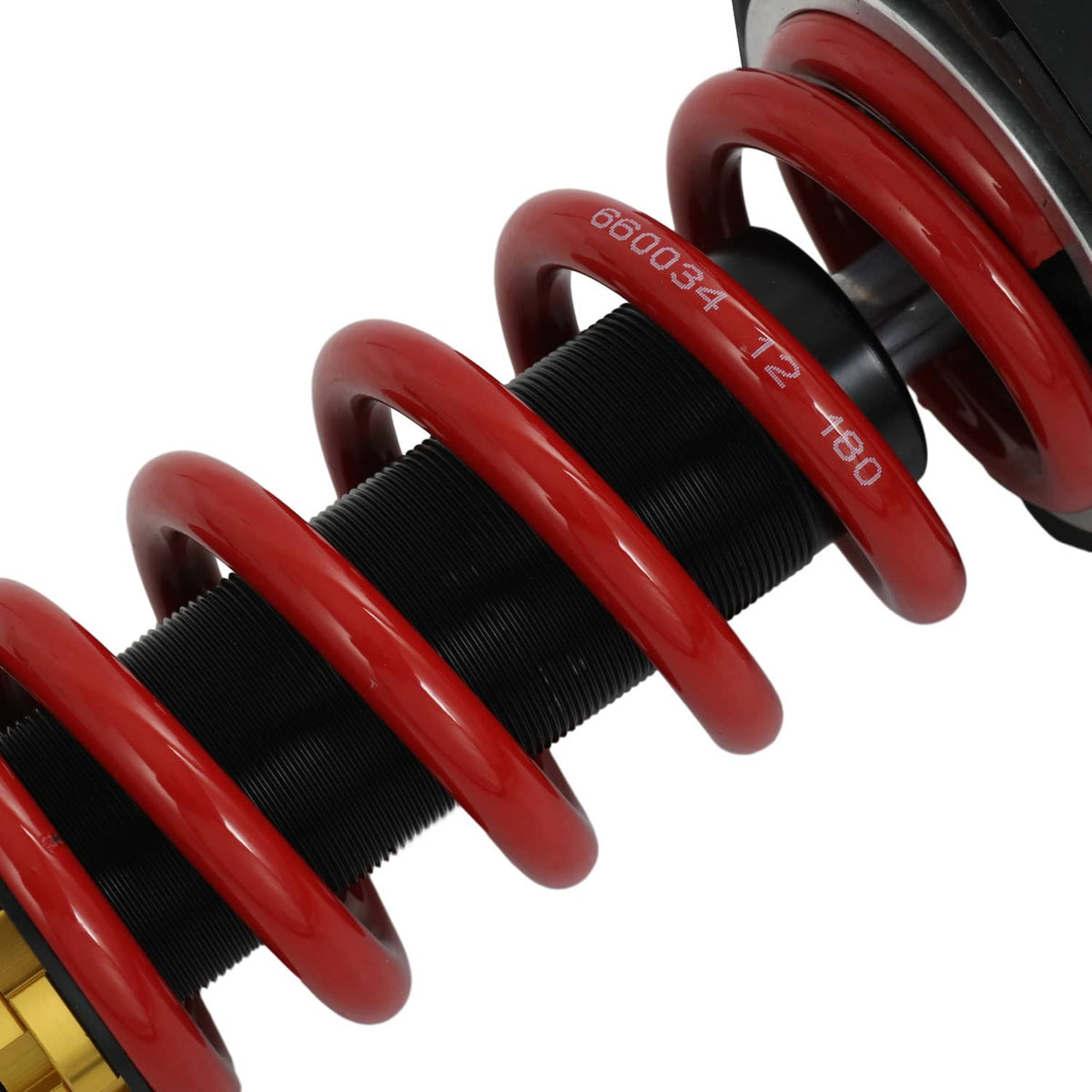 Red coilover springs with black threaded seat, showing coil turns
