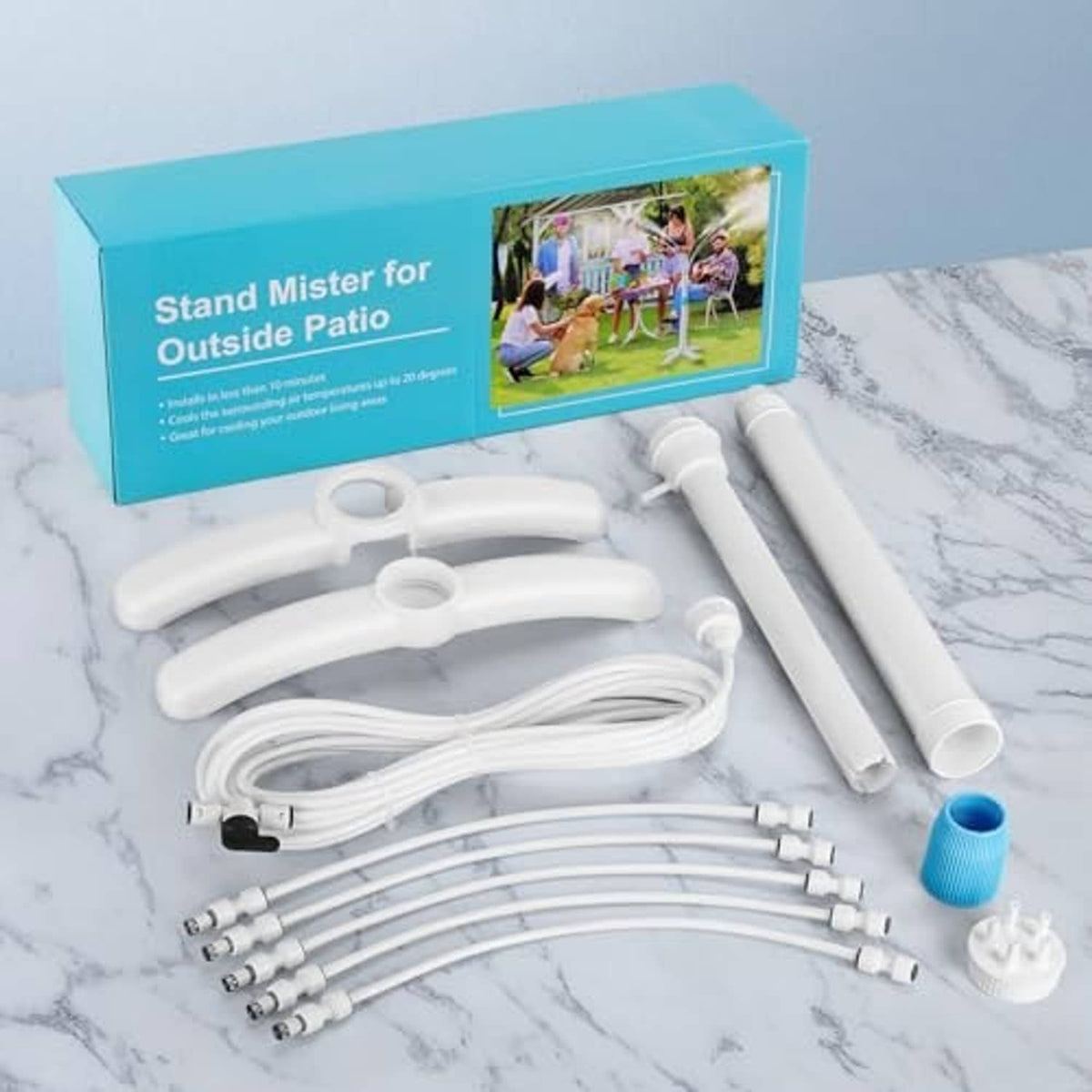 Misting riser stand kit: white tubes, blue insert, and flexible hoses with nozzles