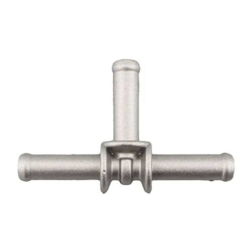 Aluminum coolant hose tee connector with central bracket and inline outlets