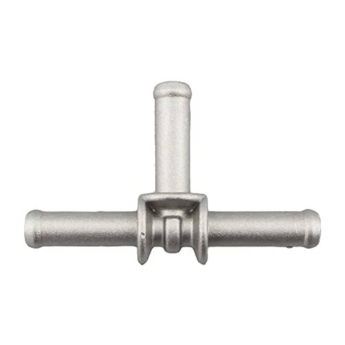Aluminum coolant hose tee connector with central bracket and inline outlets