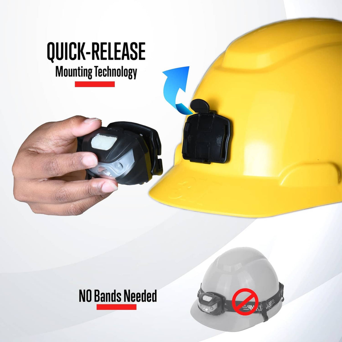 Black hard hat light with quick-release mount, front lens and white indicator window