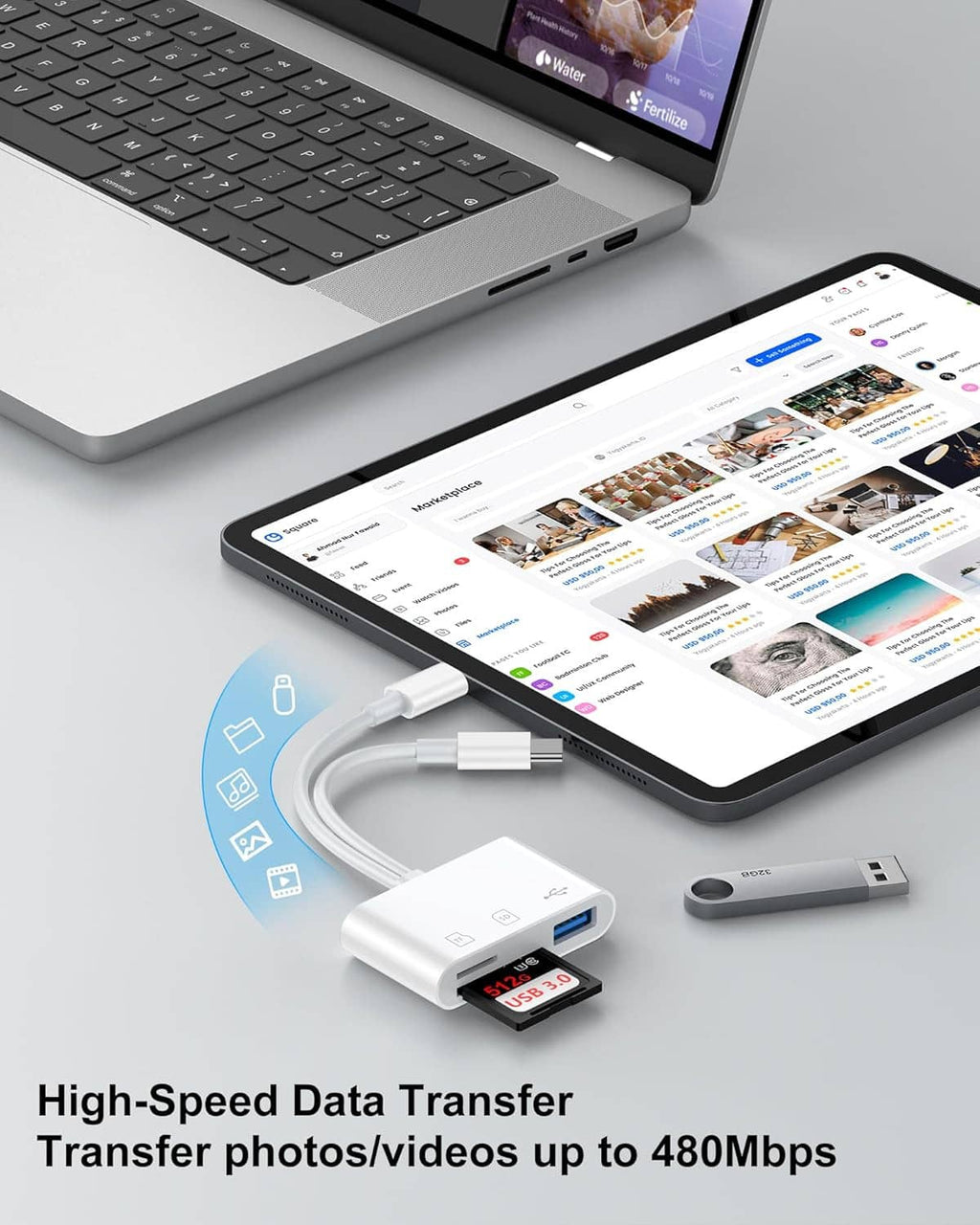 White SD card reader connected to tablet, with memory card adapter and USB cable.