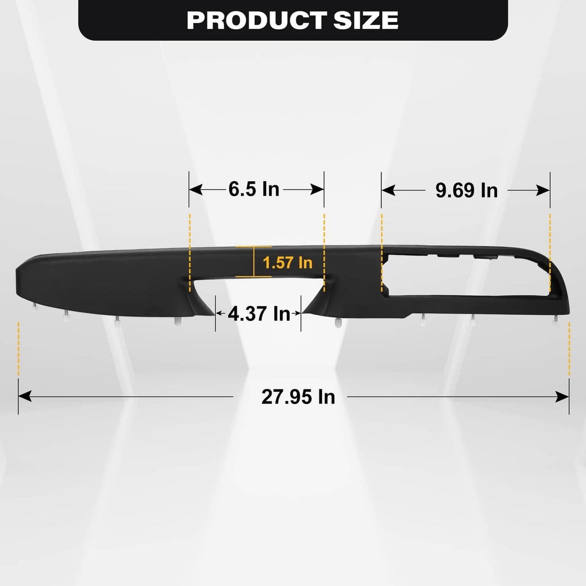 Black door armrest handle repair trim with product size measurements diagram