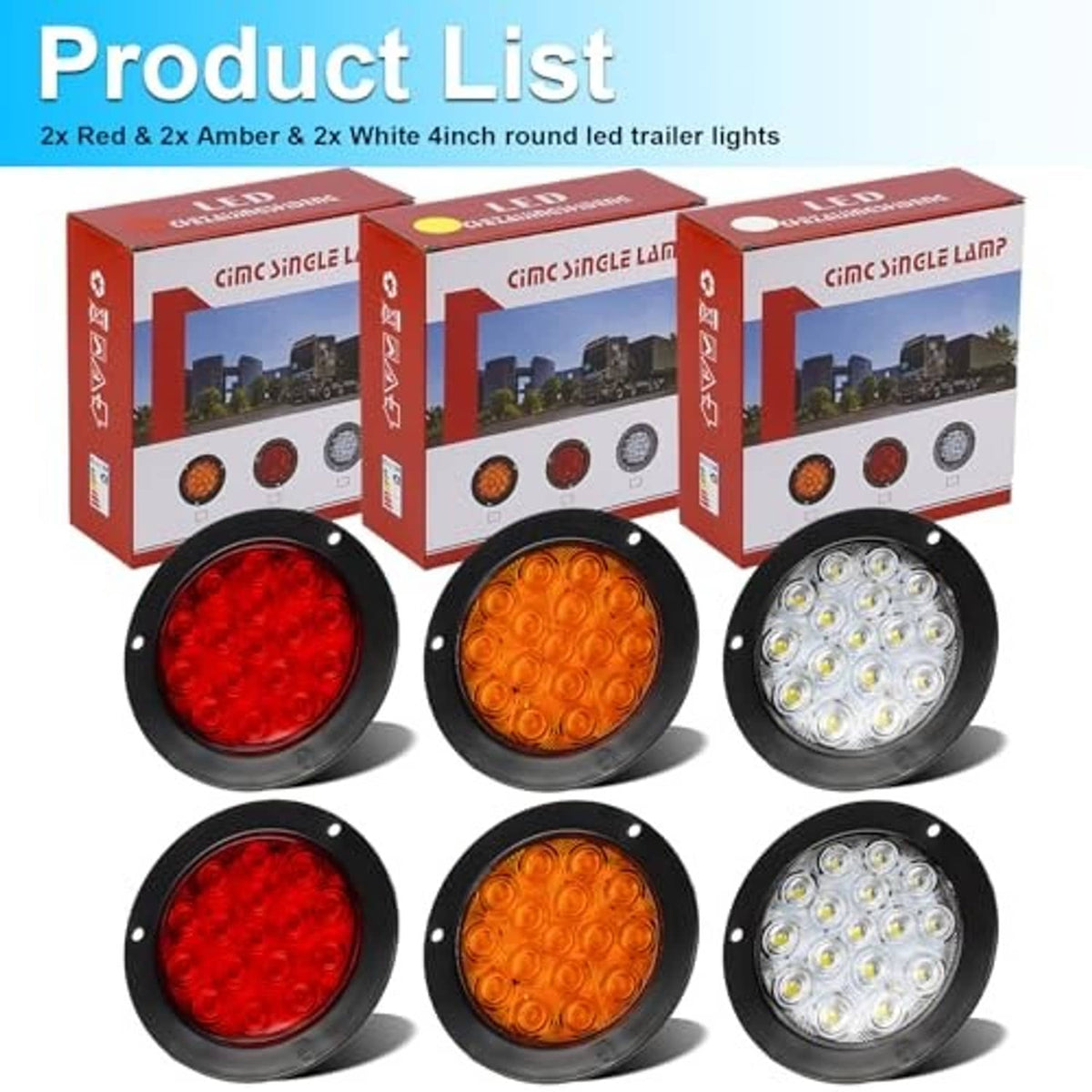 6-pack round LED trailer tail lights with red, amber, and white lenses in black housings