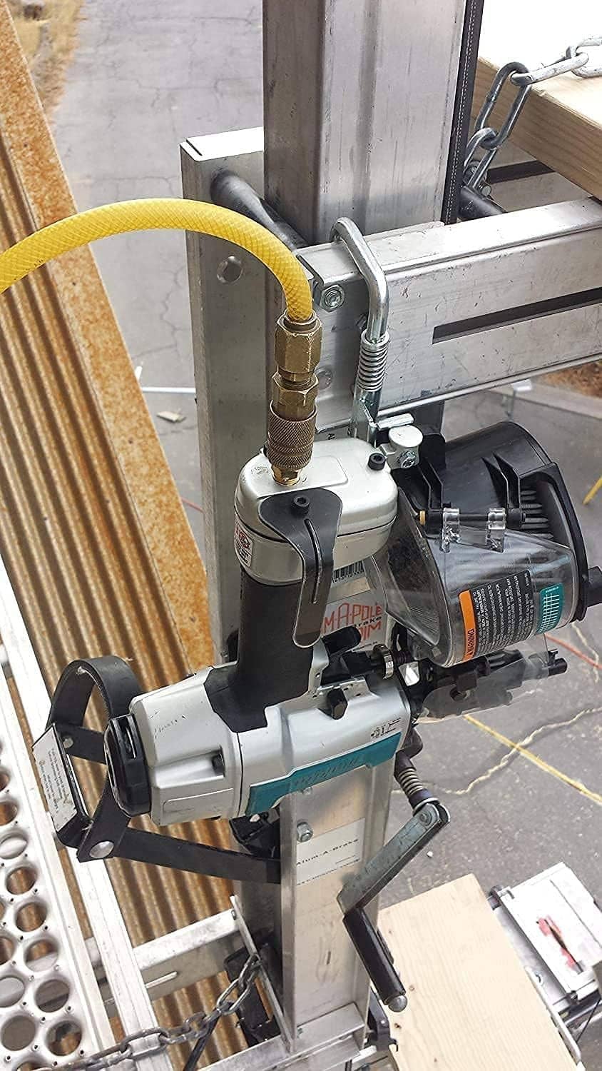 Retractable nail gun hanger clip attached to a nail gun, with spring and black grip
