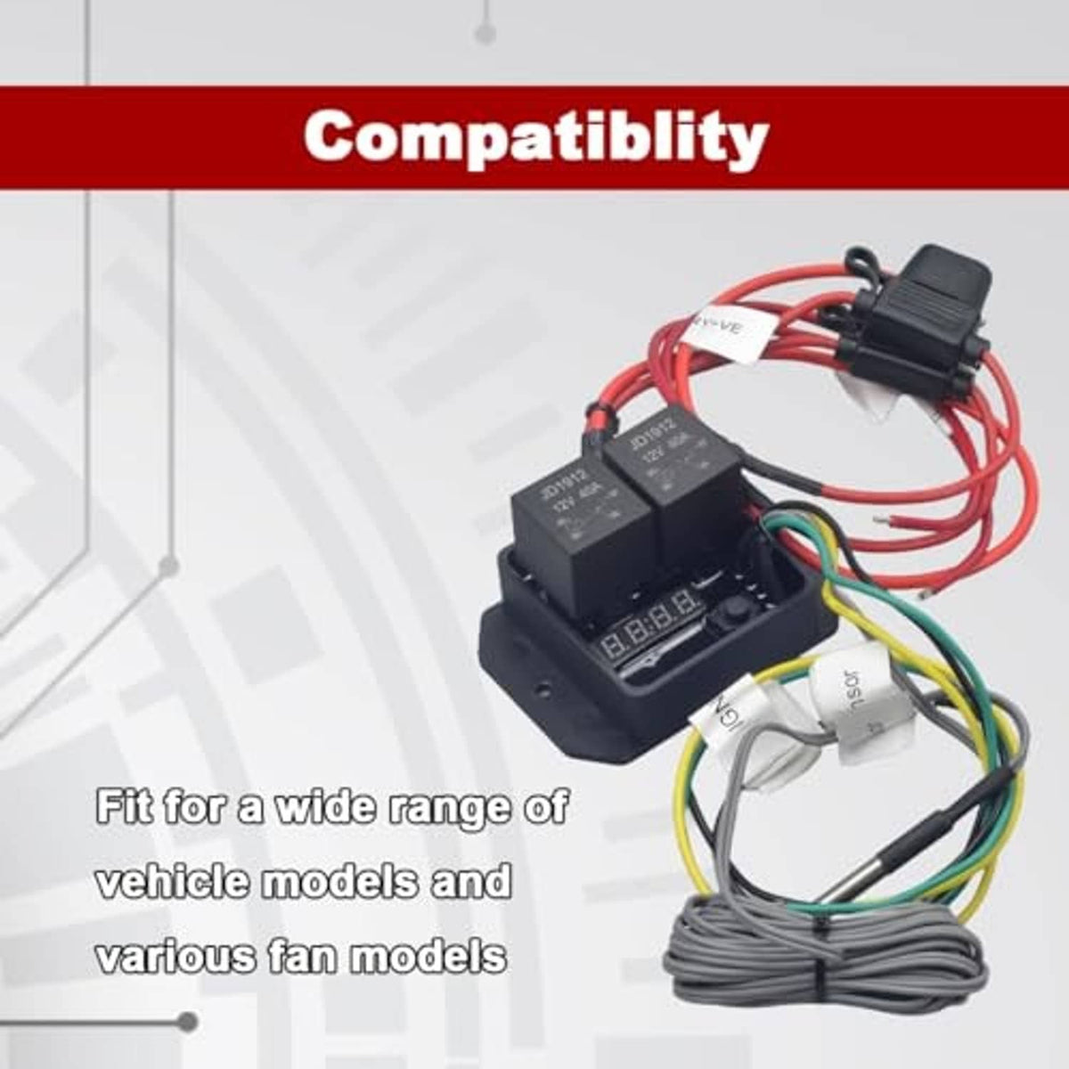 Digital radiator fan controller module with red wiring harness, multi-color leads, and sensor