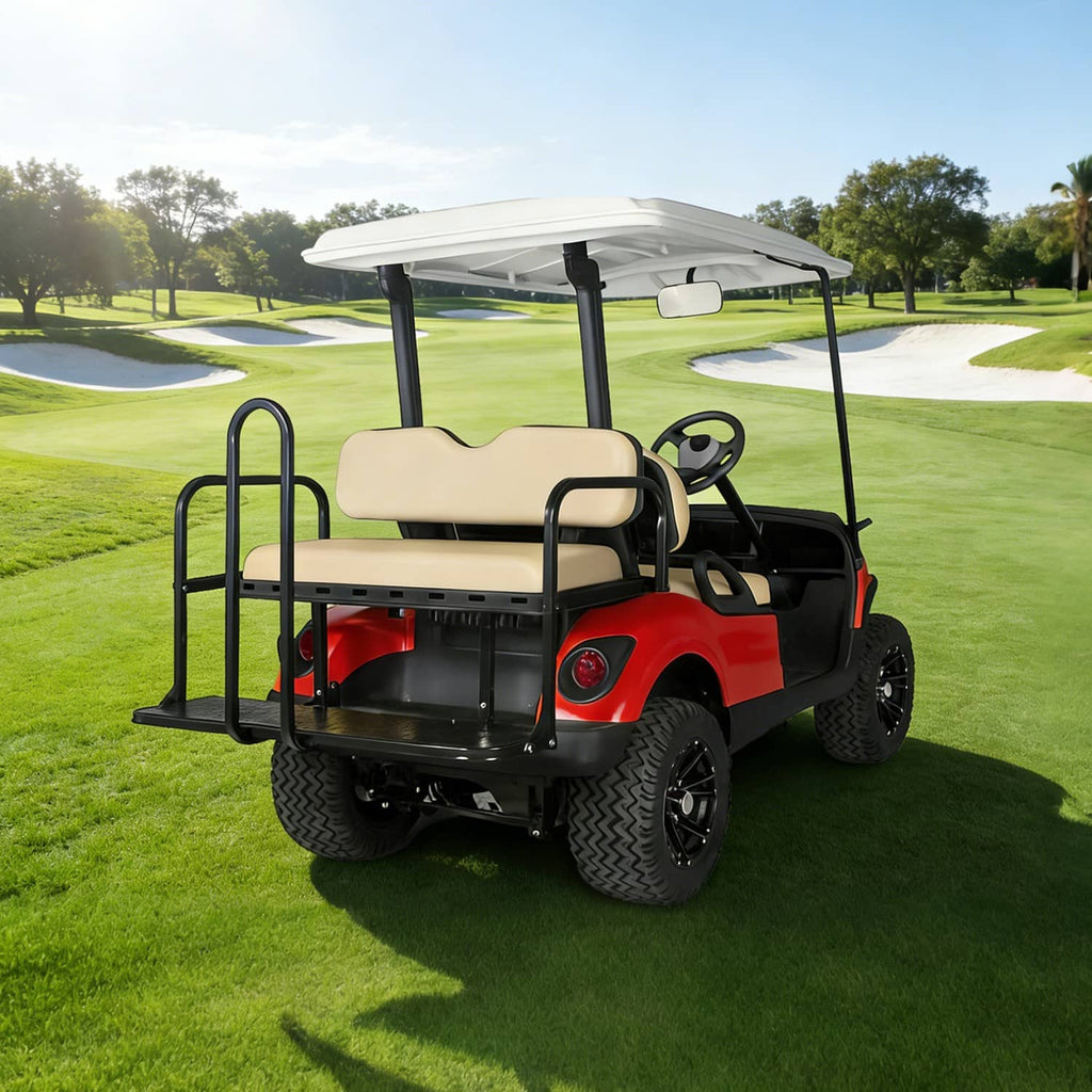 Tan seat bottom and backrest cushions installed on a golf cart passenger seat