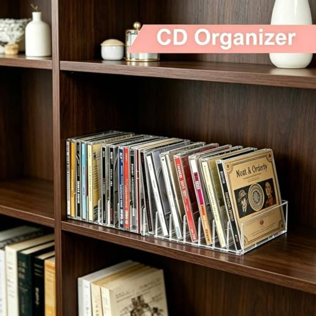 Clear acrylic CD organizer tray with 7 slots, standing on a shelf for bookcase storage