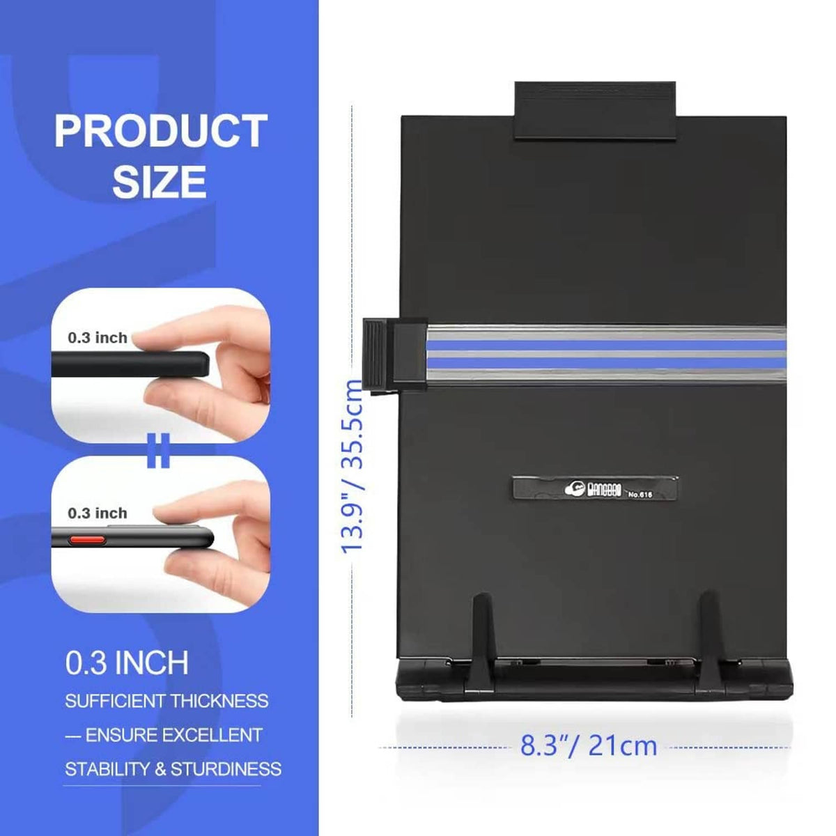 Black metal document holder stand side view with adjustable slots and blue strip